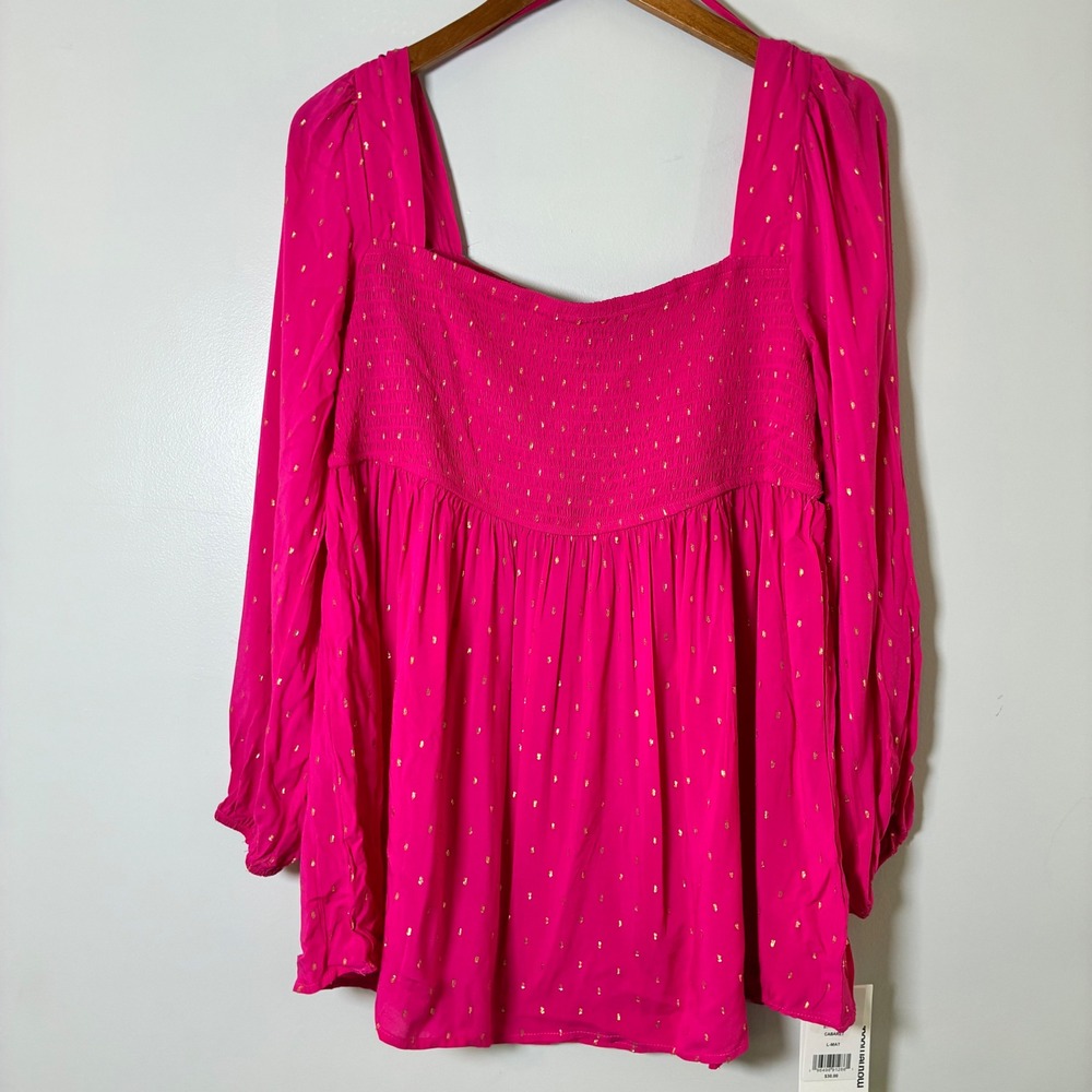 Motherhood Maternity Blouse Womens L Pink Cabaret Smocked Gold Foil Dot Babydoll